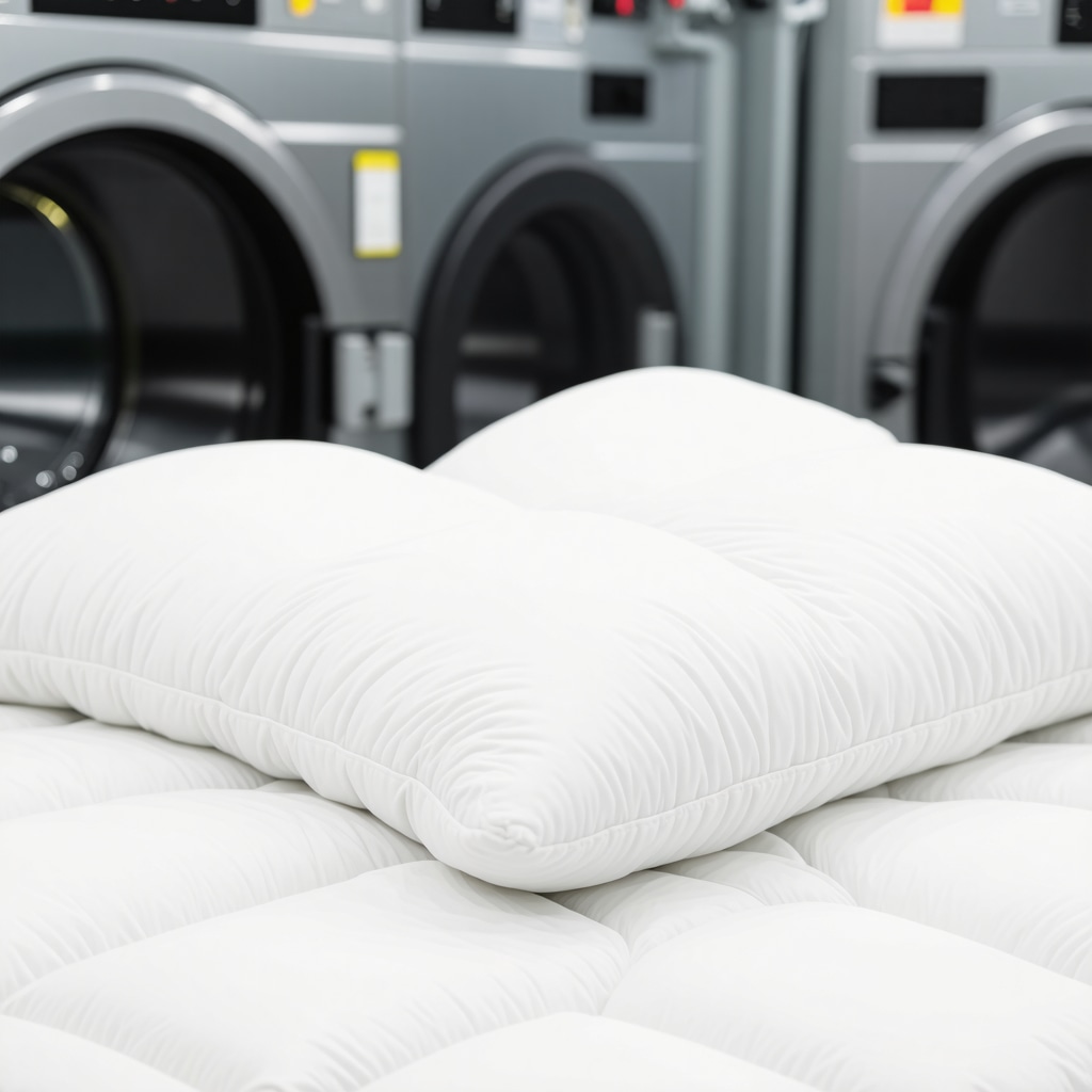 Sensor-driven drying machine gently tumbling a down comforter in an eco-friendly dry cleaning facility