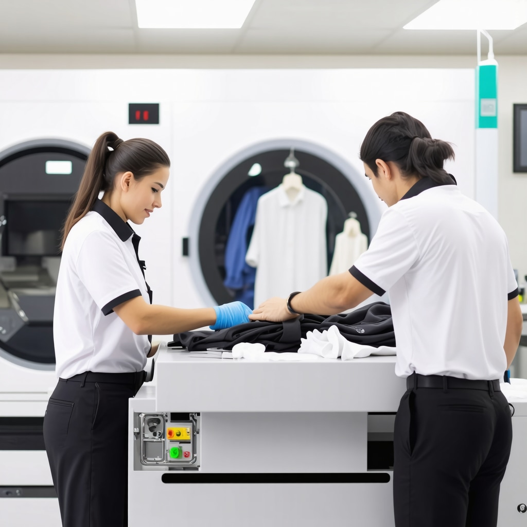 Technicians operating advanced eco-friendly dry cleaning machines and inspecting delicate garments in South Tampa facility