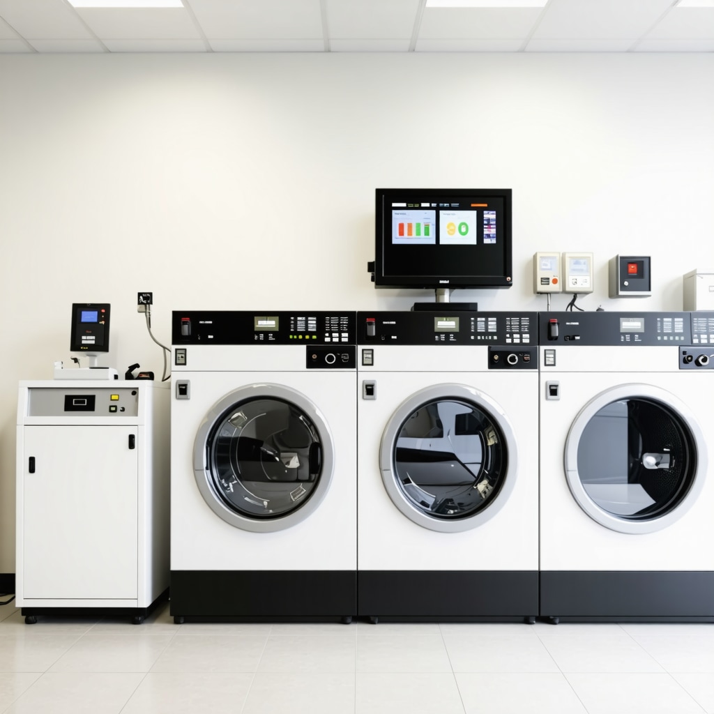 Interior of a high-tech dry cleaning facility using enzyme-based cleaning and AI process control, emphasizing sustainability