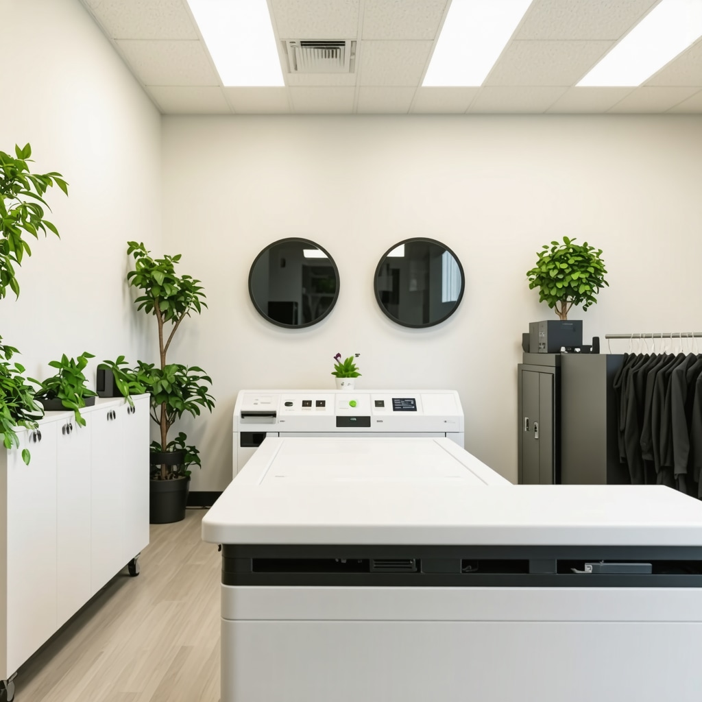 Modern dry cleaning facility with eco-friendly enzymatic and ultrasonic cleaning technology and solvent recovery systems