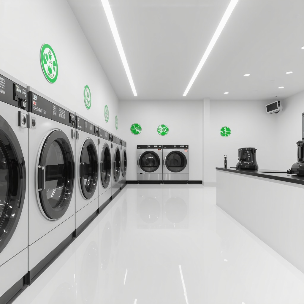 Modern dry cleaning equipment featuring enzymatic and nanotechnology cleaning processes with eco-friendly icons