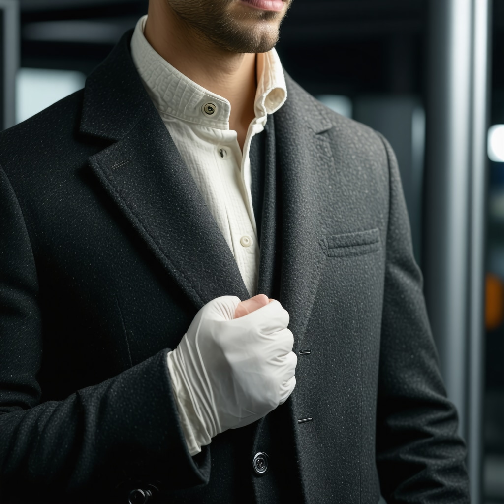 Professional dry cleaner applying eco-friendly solvent cleaning to wool coat with high-tech equipment