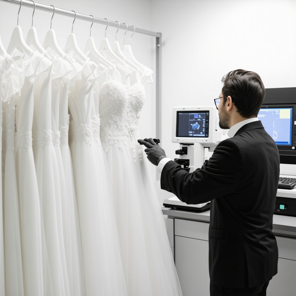 Specialist using fiber spectroscopy on vintage bridal gowns in Lutz dry cleaning facility