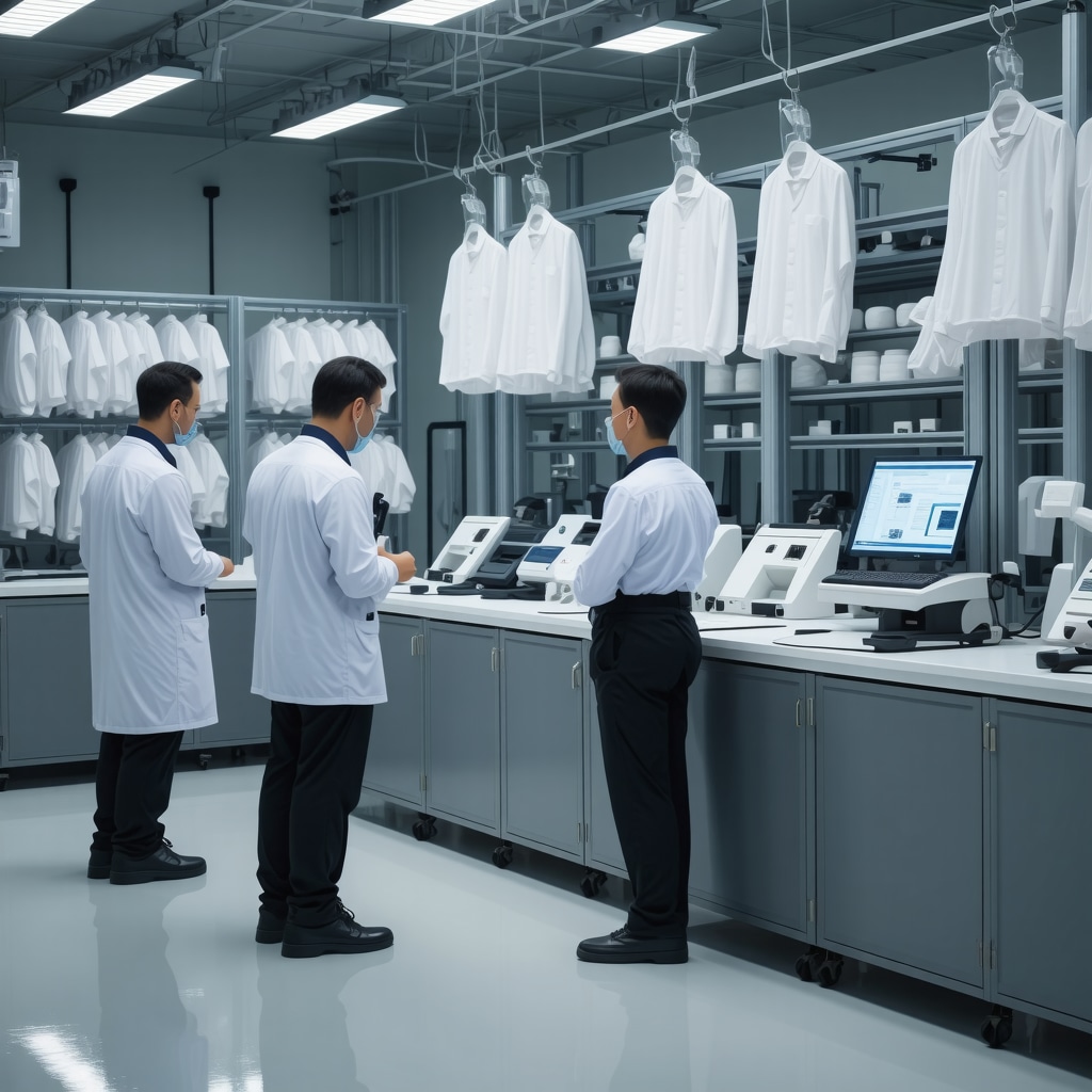 Scientists using spectroscopy and AI devices to analyze tuxedo fabric in a South Tampa textile care lab