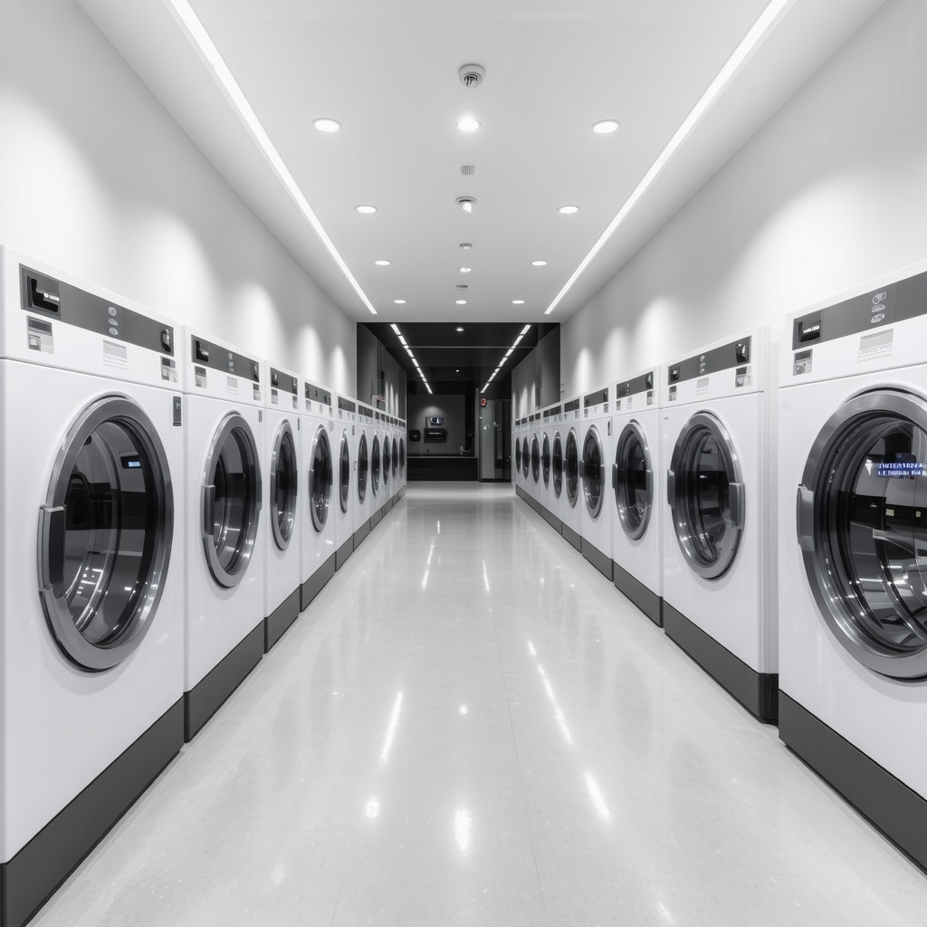 Interior of a high-tech late night dry cleaning shop in South Tampa with eco-friendly equipment and technicians working