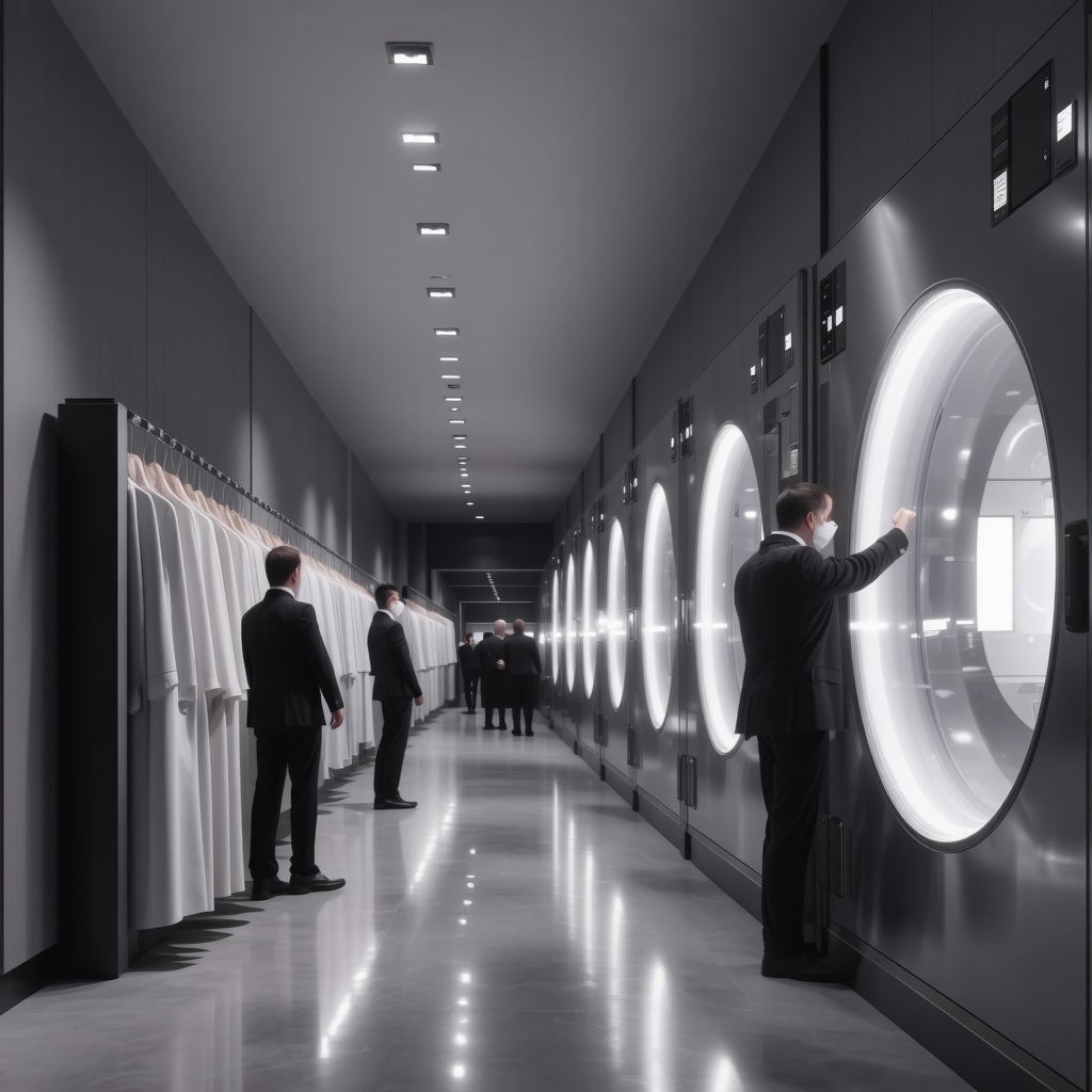 Technicians using ultrasonic cleaning and temperature-controlled drying chambers in a modern late night dry cleaning facility in Trinity