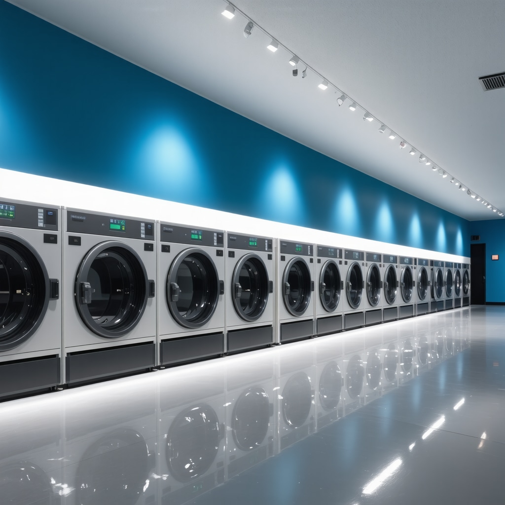 Interior of a high-tech dry cleaning facility operating at night with automation and green cleaning technology