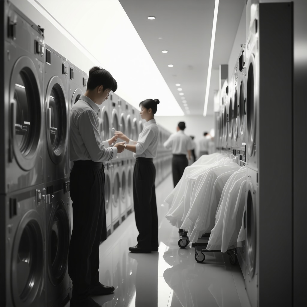 Late night dry cleaning facility showing eco-friendly machines and staff handling delicate fabrics