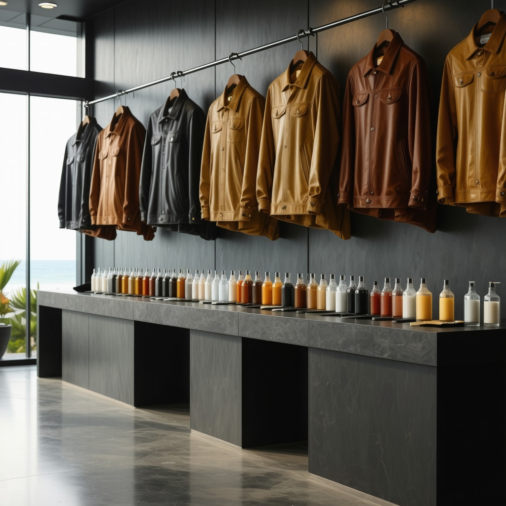 Laboratory demonstrating nano-emulsion leather conditioning with eco-friendly products and diagnostic equipment, leather jackets in background