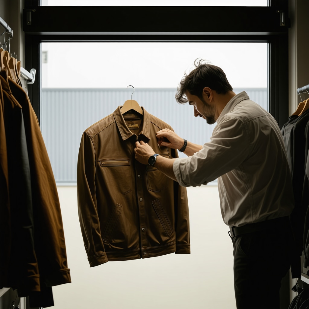 Technician conditioning vintage leather jacket with eco-friendly products in a controlled environment
