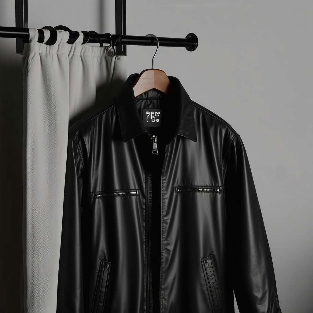 Leather jacket in breathable garment bag with microclimate sensor display showing humidity and temperature