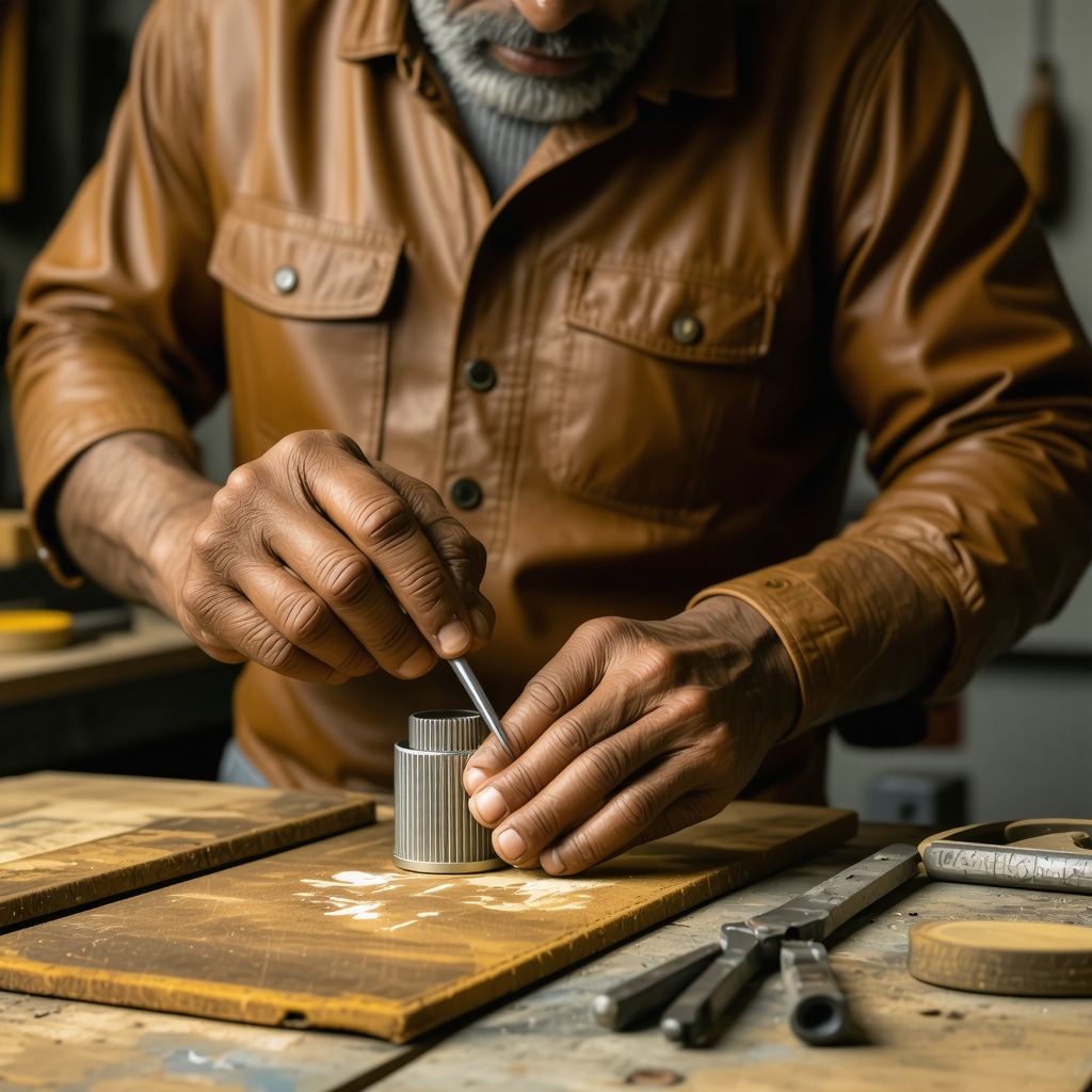 Craftsman applying nano-ceramide conditioner to brown leather jacket enhancing texture and sheen