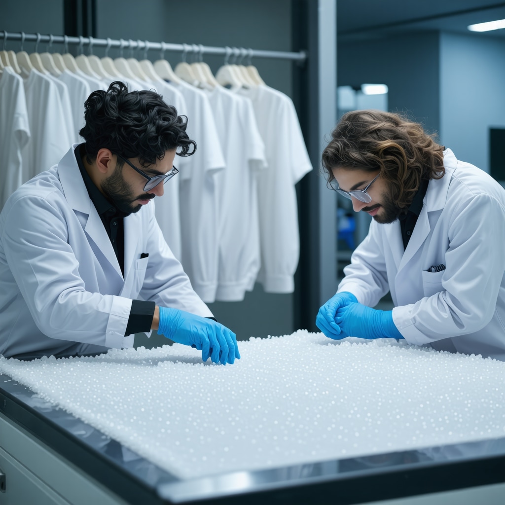 Technicians applying nanotechnology and near-infrared spectroscopy to tuxedo fabrics in an eco-friendly dry cleaning lab