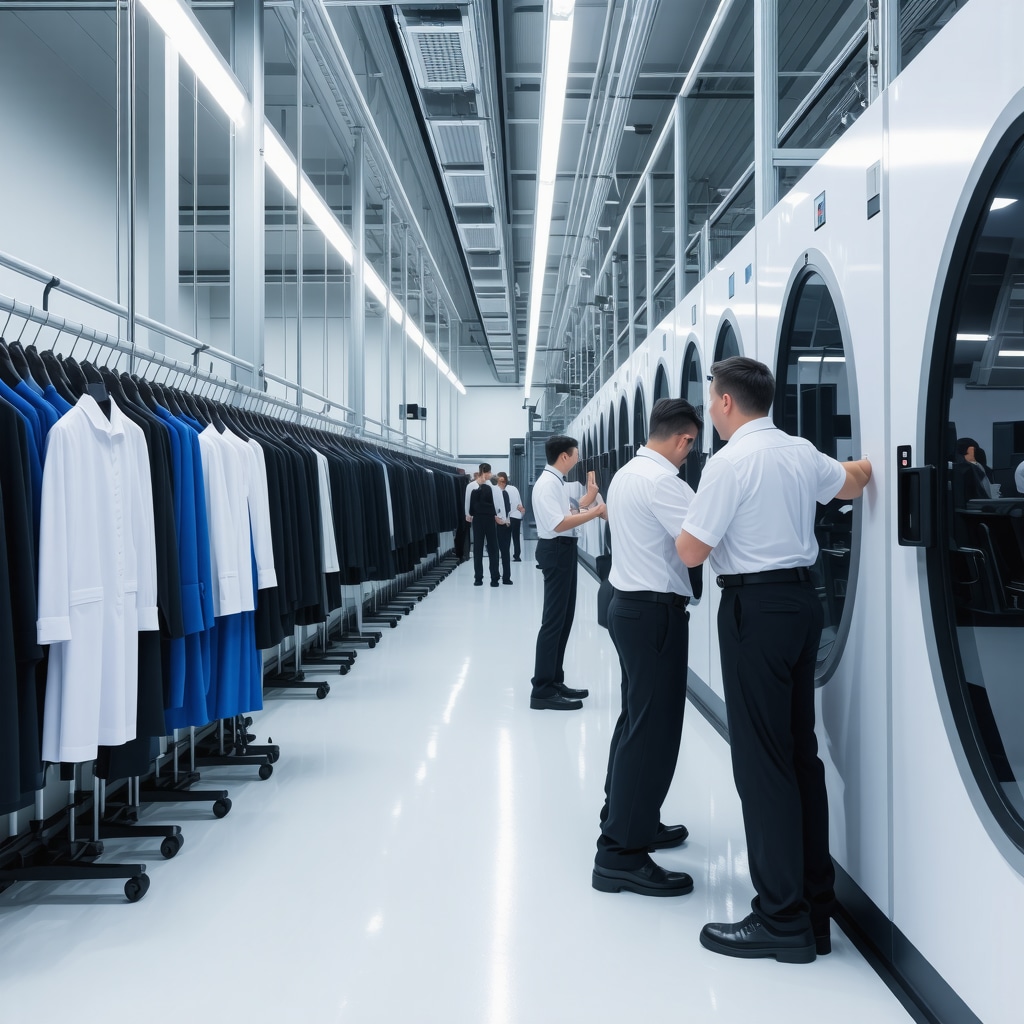 Technicians using advanced dry cleaning equipment with solvent recycling and garment tracking displays