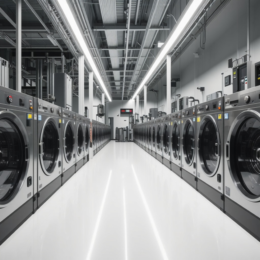 High-tech organic dry cleaning facility with sensors and eco-friendly solvent recycling