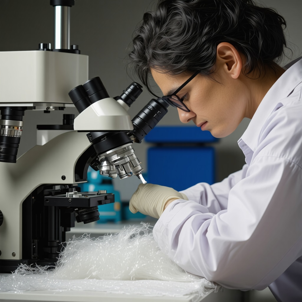 Scientist examining silk fibers under microscope with cleaning equipment