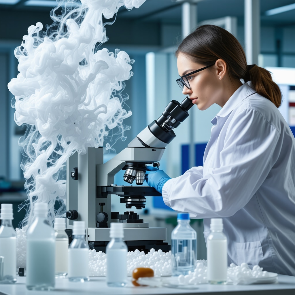 Scientist studying silk fibers with spectroscopy equipment and eco-friendly cleaning solvents in a textile lab