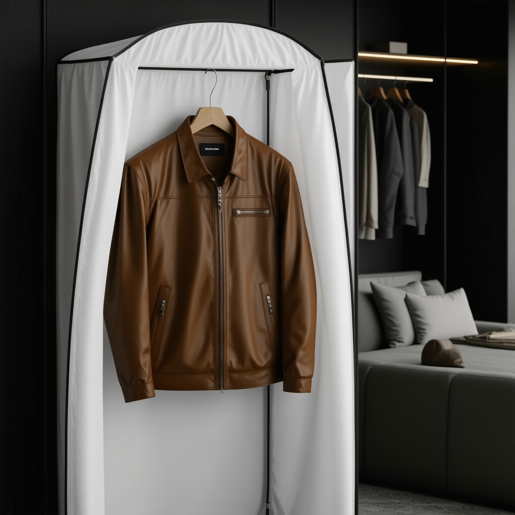Leather jacket in a climate-controlled smart garment bag with digital sensors for humidity and UV protection