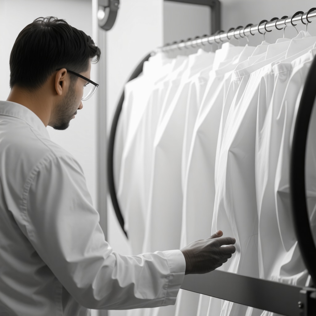 Professional dry cleaner analyzing stains on delicate fabric with high-tech equipment