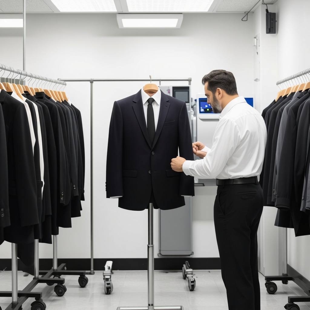 Modern dry cleaning facility with eco-friendly solvent systems and digital fabric care monitoring
