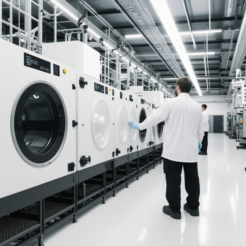 Technicians operating eco-friendly supercritical CO2 dry cleaning machinery in a modern Tampa facility