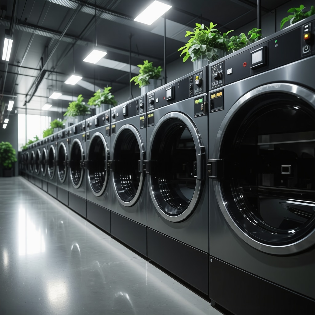 Interior of a modern dry cleaning facility in Lutz showcasing smart sensors, enzyme-based cleaning agents, and solvent recycling equipment