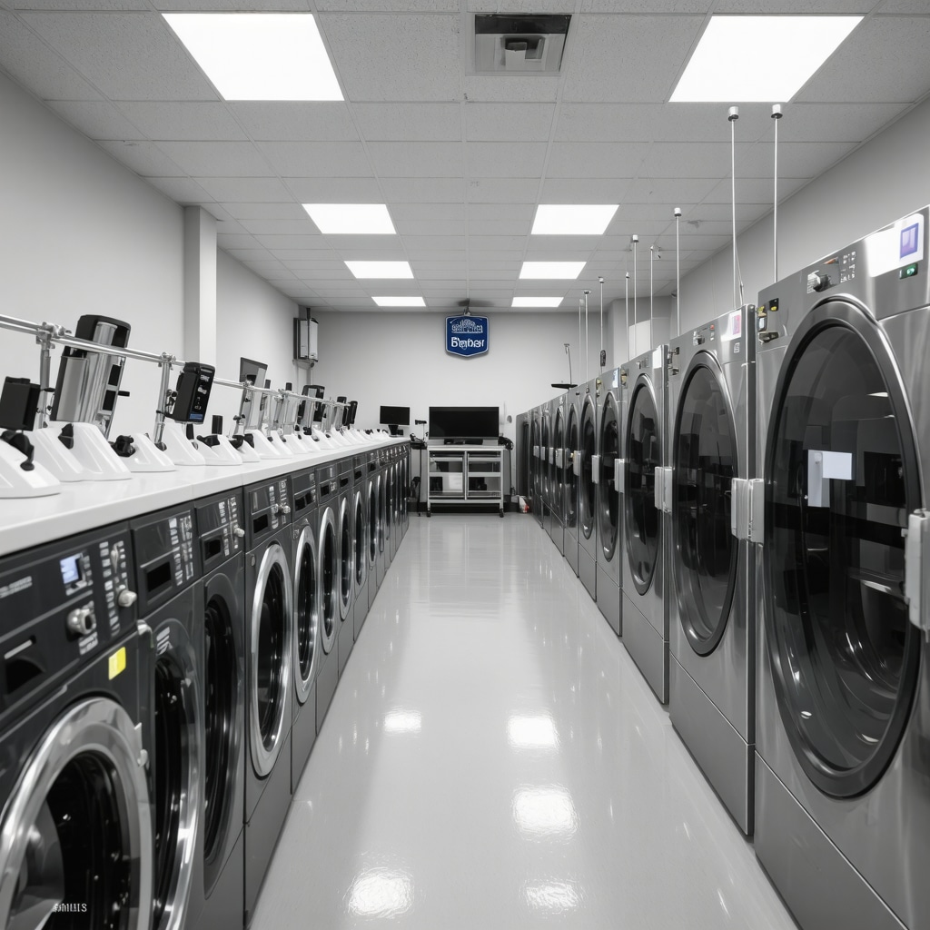 High-tech dry cleaning equipment with eco-friendly solvent containers and AI fabric analysis displays in a South Tampa facility