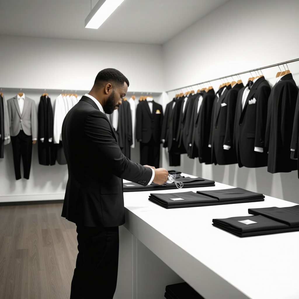 Tailor using 3D body scanning technology surrounded by delicate fabrics and suits in a South Tampa dry cleaner shop