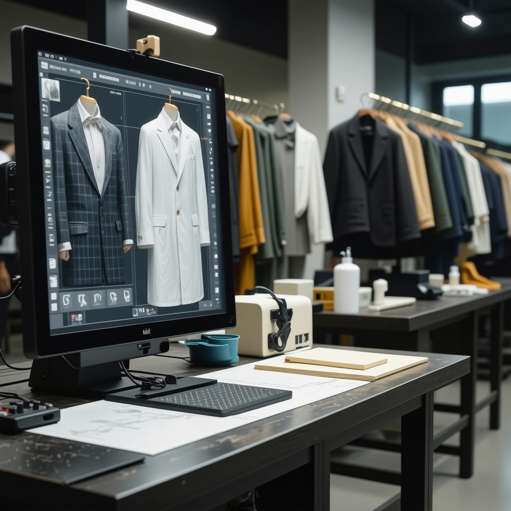 High-tech tailoring workshop showing digital tools and eco-friendly dry cleaning solvents
