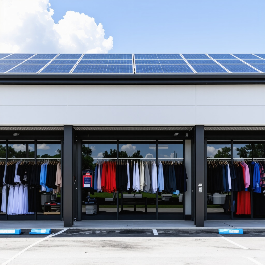 Interior view of Tampa dry cleaning facility with advanced equipment and solar panels