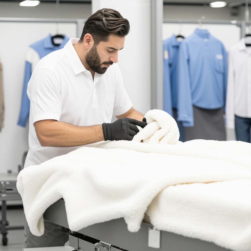 Technician analyzing various blankets with smart textile diagnostic equipment in a professional South Tampa dry cleaning setting