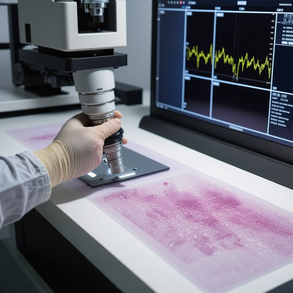 Laboratory scene with AI spectroscopy device analyzing fabric, nanotech-treated garments illustrating self-healing and enzyme stain removal