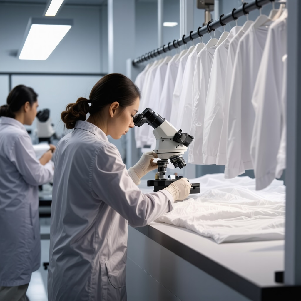 Technician analyzing fabric with near-infrared spectroscopy and digital microscope in a high-tech dry cleaning lab at night