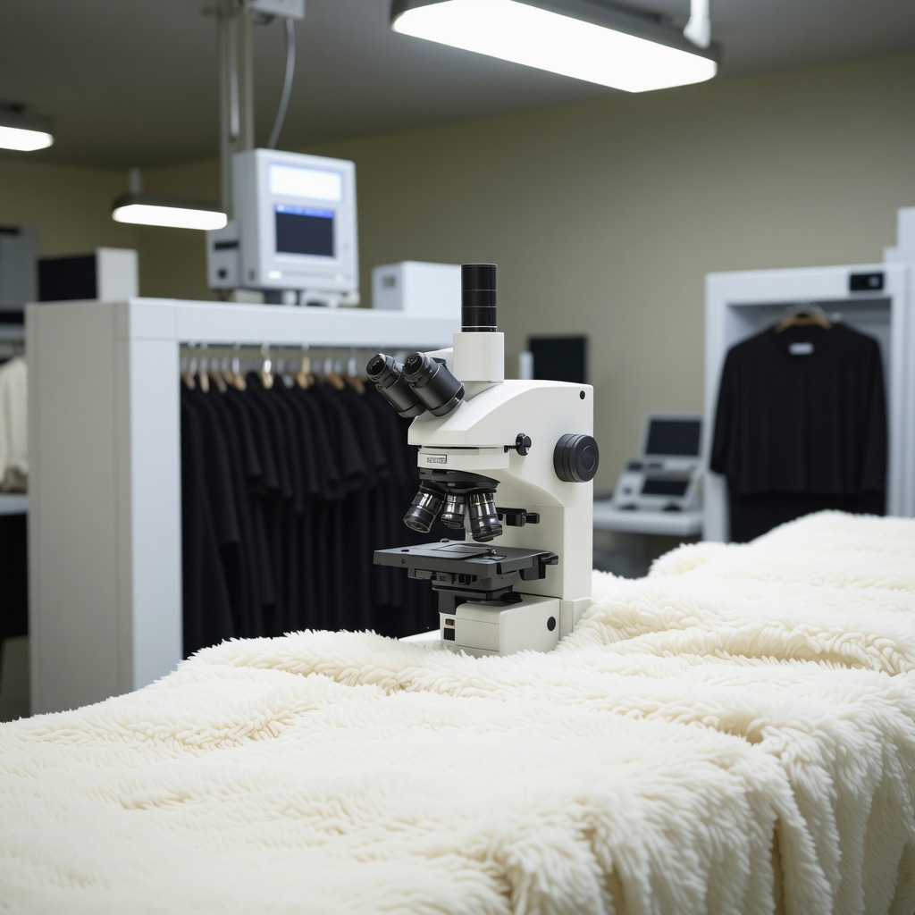 High-tech dry cleaning lab with digital microscopes and AI analyzing delicate blankets
