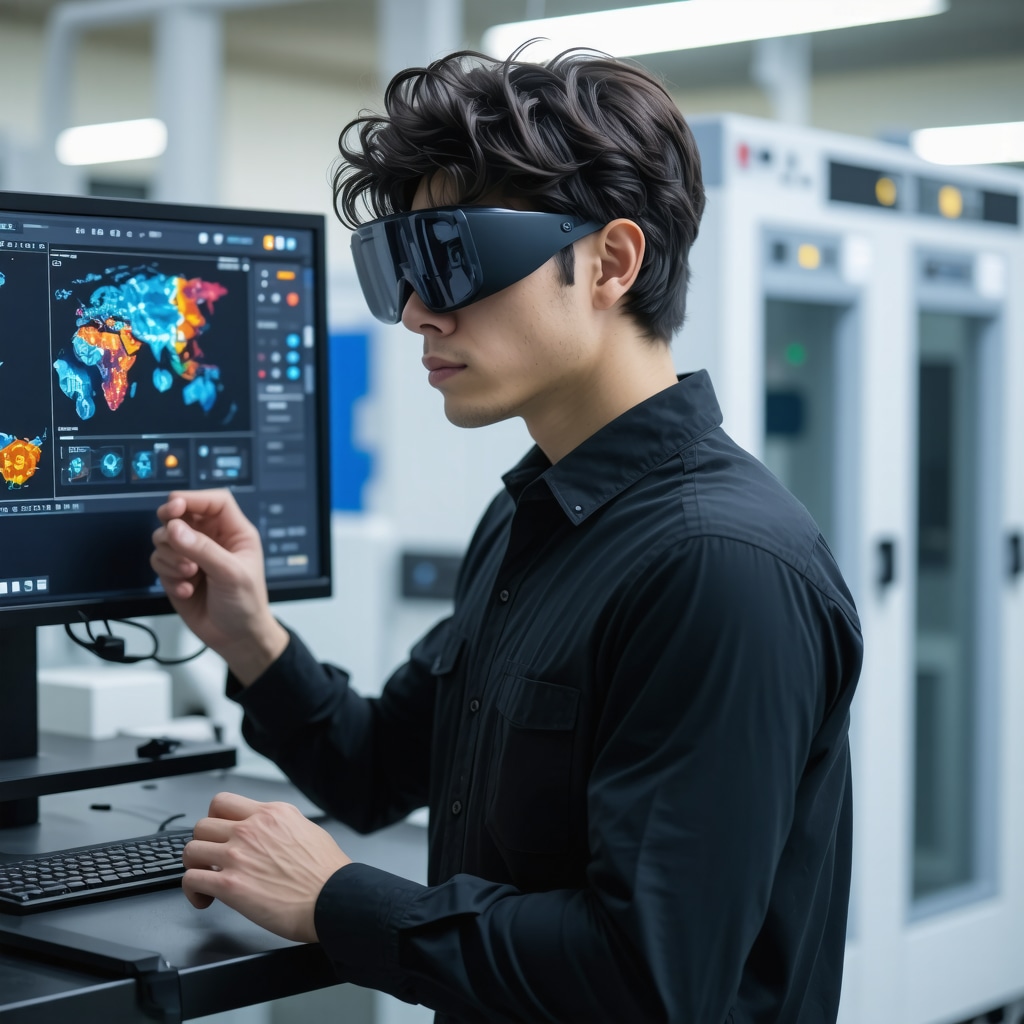 Technicians using augmented reality and AI systems in a South Tampa dry cleaning lab with enzyme catalysts and biodegradable solvents
