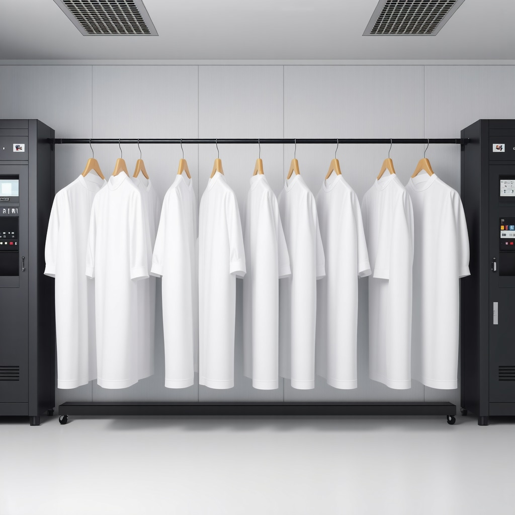 Professional dry cleaning facility with advanced uniform cleaning equipment and neatly hung uniforms
