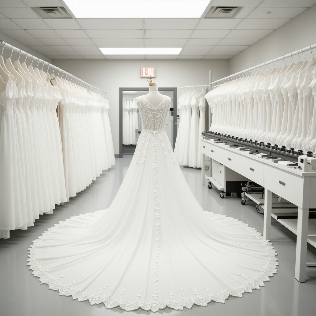 AI-driven fabric analysis and eco-friendly dry cleaning equipment with expert tailoring restoration on a wedding gown