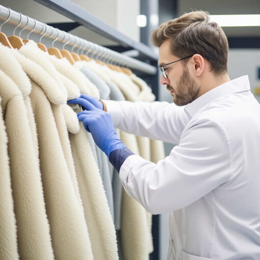 Scientist treating wool coat with enzyme-based solution in modern dry cleaning lab