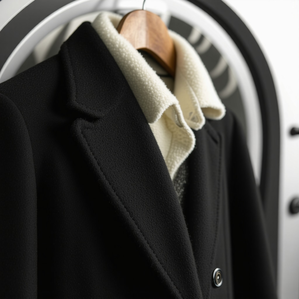 Close-up of wool coat undergoing eco-friendly dry cleaning process in a high-tech facility
