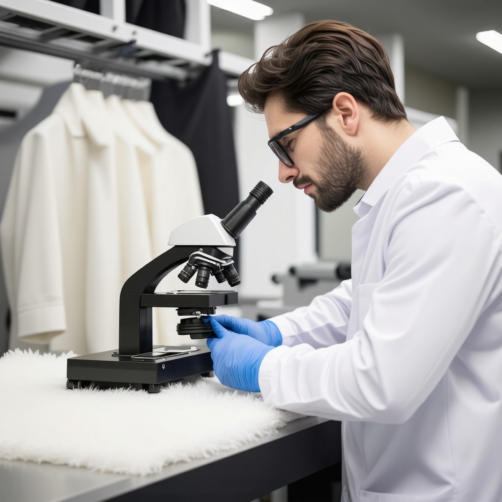Technician performing microscopic fiber analysis on a wool coat in a modern dry cleaning lab in Lutz