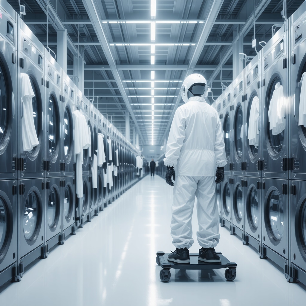 Illustration showing AI-driven logistic systems, garment tracking, and eco-friendly cleaning solvents in a modern dry cleaning setup