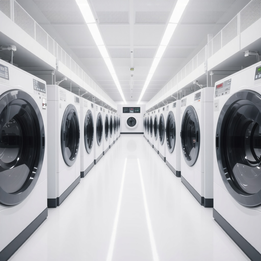 High-tech dry cleaning facility with AI, robotics, and sustainable solvent systems