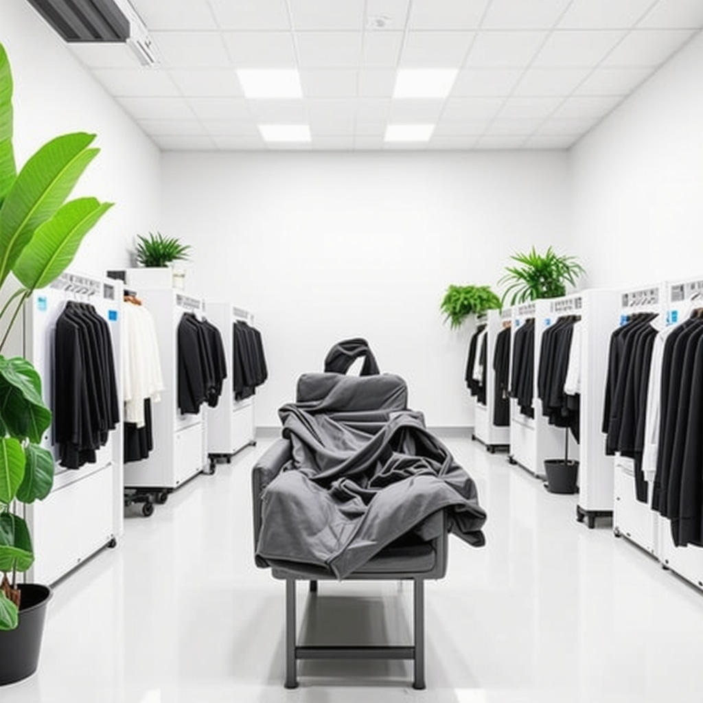 High-tech eco-friendly dry cleaning facility in Tampa with AI fabric analysis and sustainable solvent use