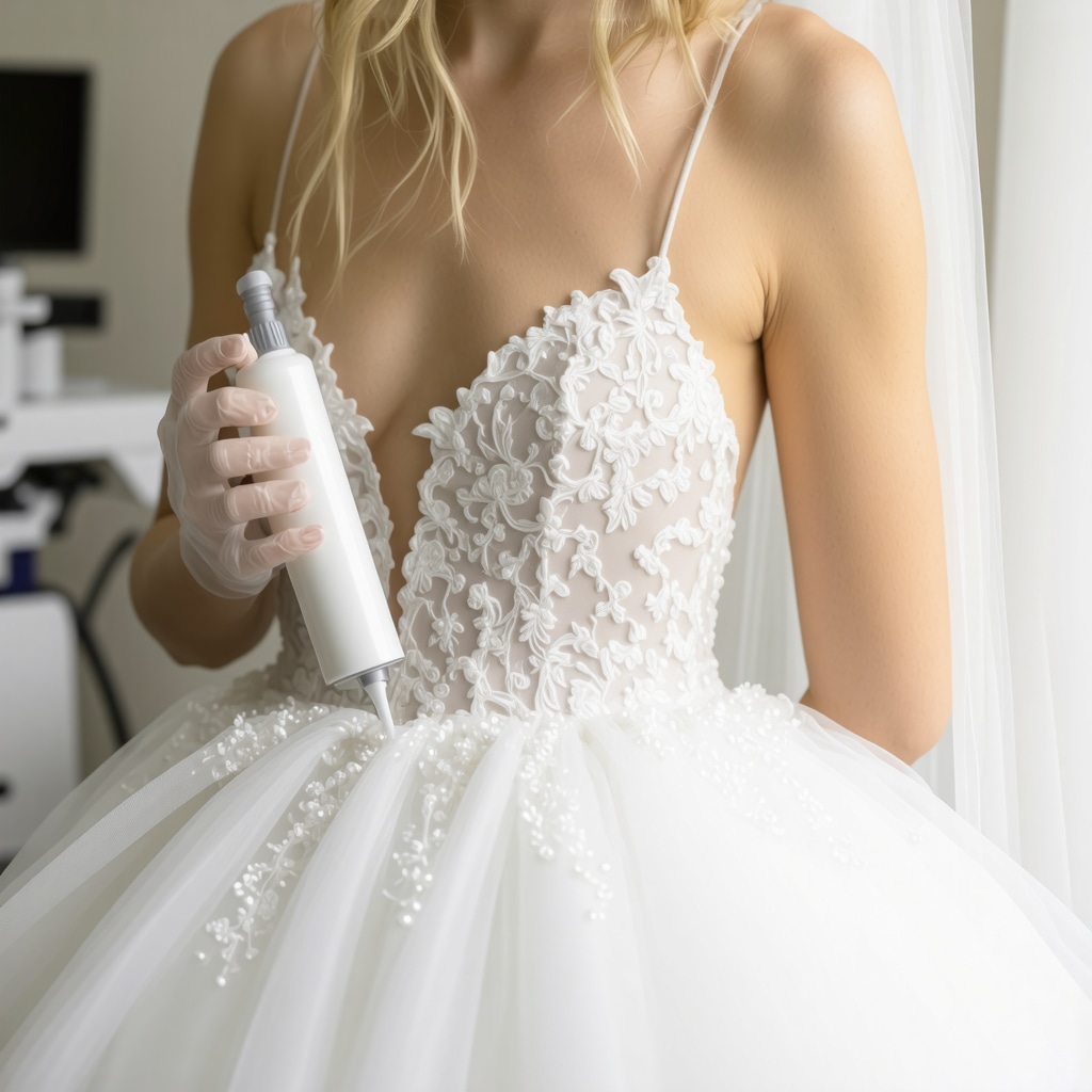Professional applying enzymatic cleaning solution on delicate wedding dress fabric in a modern dry cleaning facility