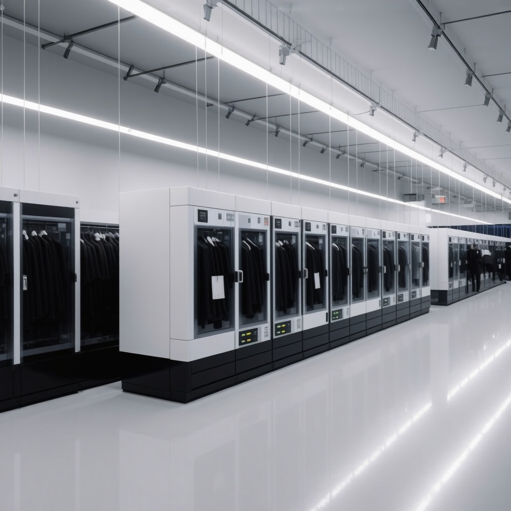 Interior of a modern dry cleaning facility at night showcasing AI and automation technologies