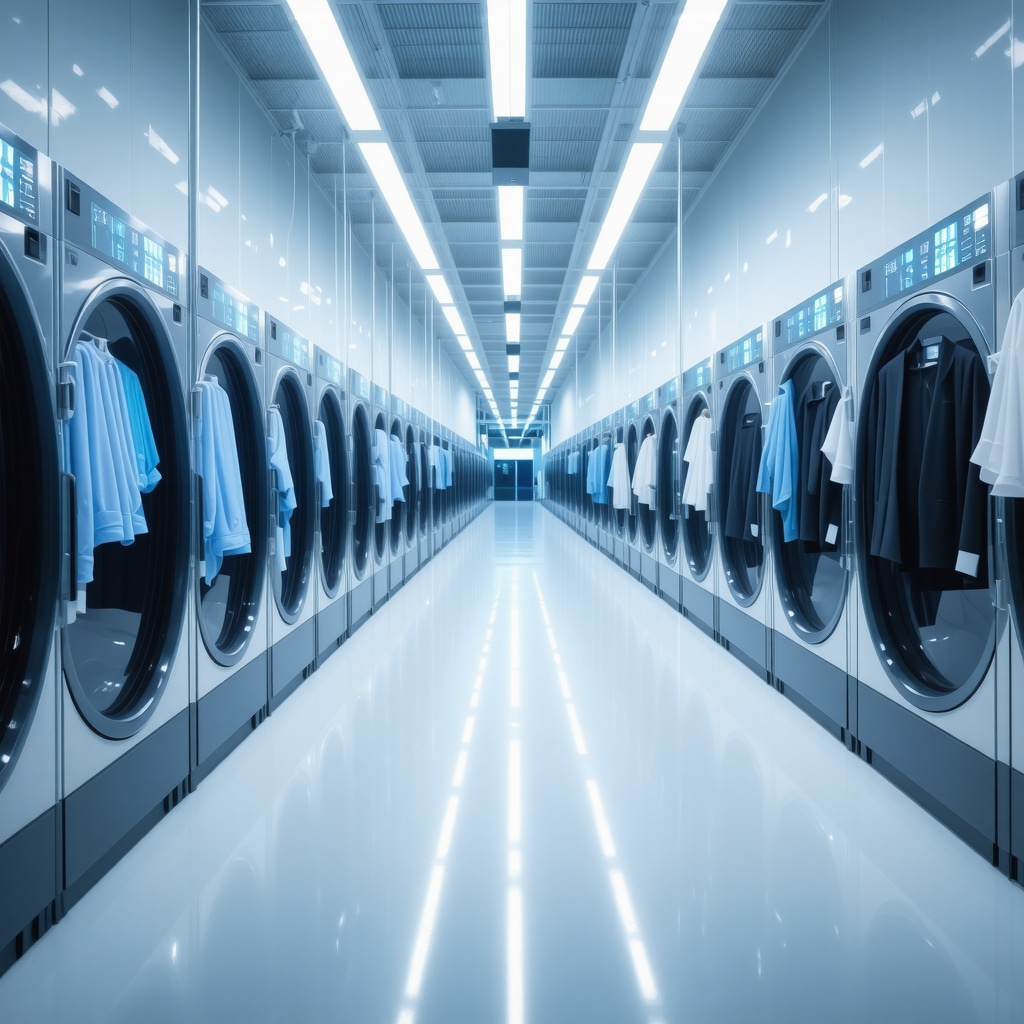 Technicians operating AI-driven dry cleaning machines and VR training setups with blockchain tracking displays in a modern Tampa facility