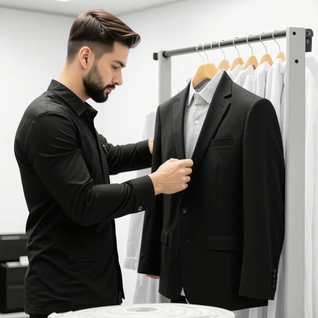 Dry cleaning technician treating a high-tech business suit with eco-friendly solvents in Tampa