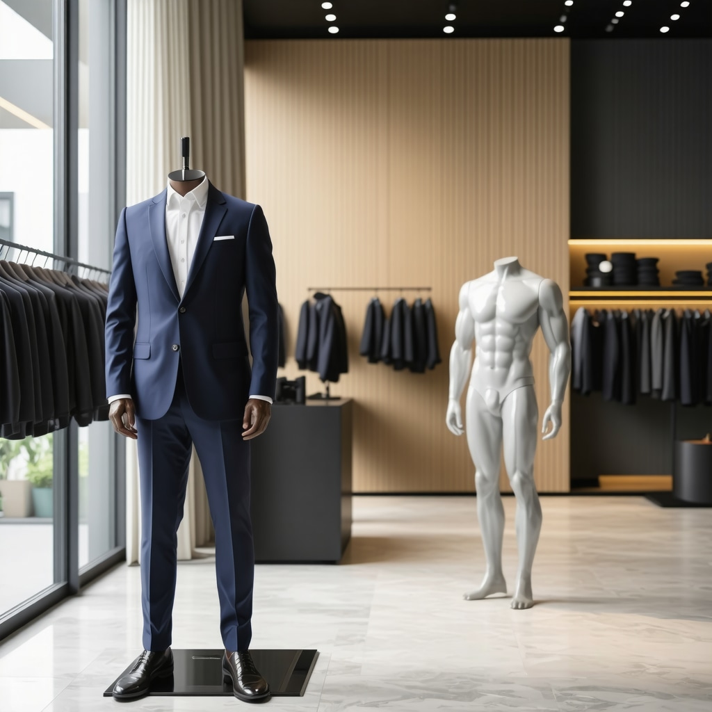 Tailor using 3D body scanning device next to eco-friendly dry cleaning machines in a modern workshop
