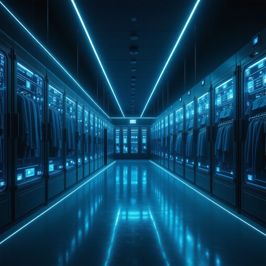 Futuristic dry cleaning facility at night showing AI, blockchain, and sustainable chemistry in action