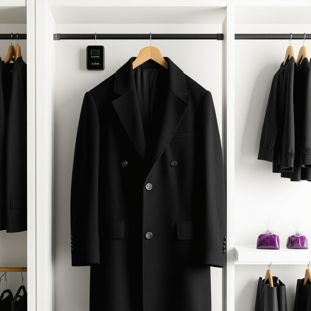 Wool coat stored in a closet with humidity control and natural pest repellents like lavender sachets